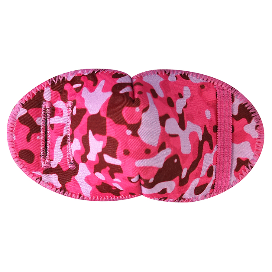 Eye patch for glasses with a pink camouflage pattern. From Kay Fun Patch.